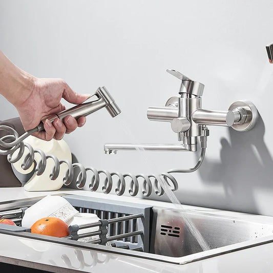 Elegant Dual Hole Wall Mounted Mixer Tap with 360 Degree Swivel Spray