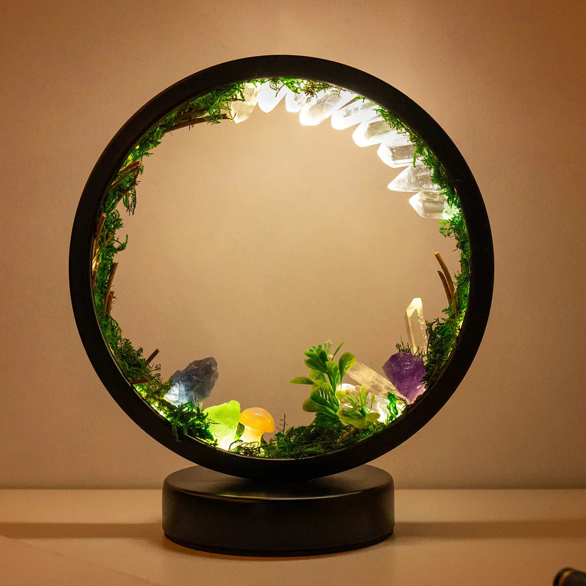 EnchantedRing Elegant Circular Crystal Night Light with Greenery for Home Décor