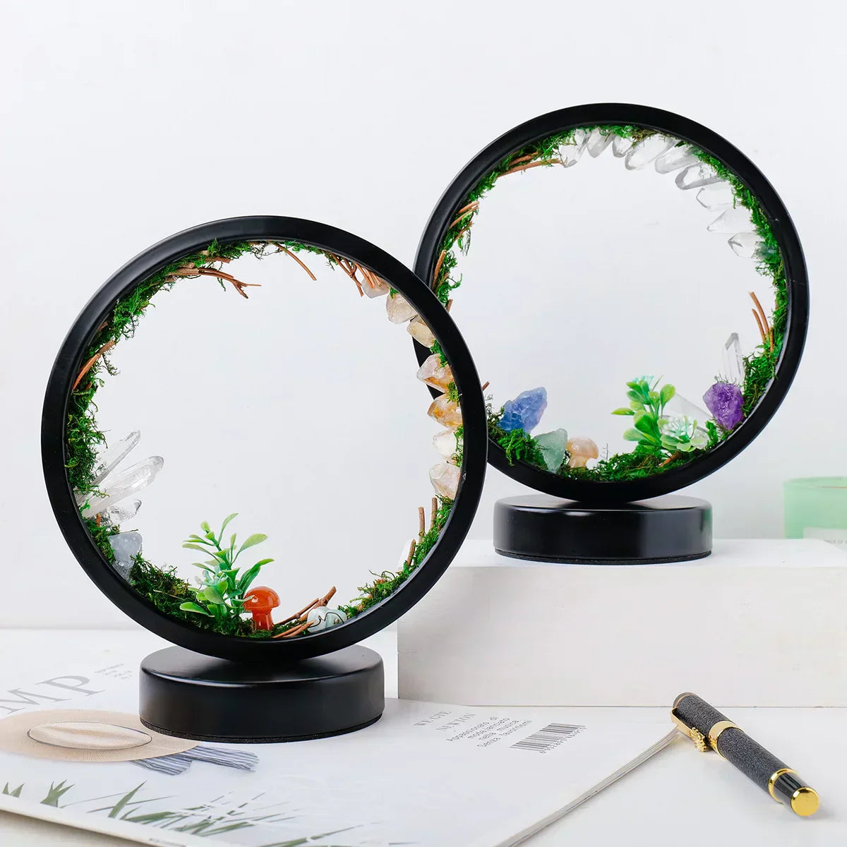 EnchantedRing Elegant Circular Crystal Night Light with Greenery for Home Décor