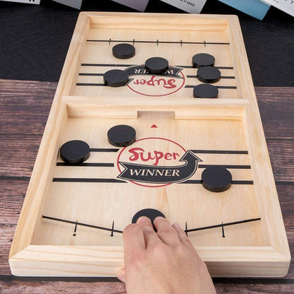 Fast Sling Puck Game Wooden Table Hockey Board Game with Sliding Pucks and Goal Slots