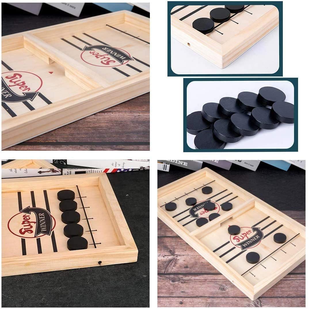 Fast Sling Puck Game Wooden Table Hockey Board Game with Sliding Pucks and Goal Slots