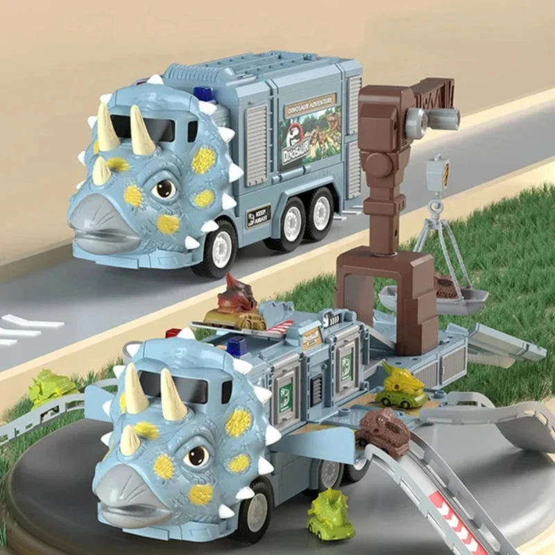 Foldable Dinosaur Truck Toy with Transforming Track System and Moving Panels
