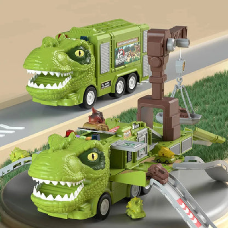 Foldable Dinosaur Truck Toy with Transforming Track System and Moving Panels