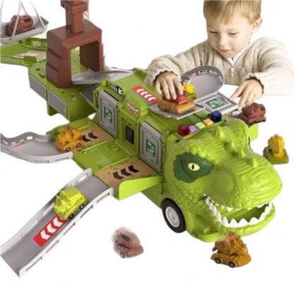 Foldable Dinosaur Truck Toy with Transforming Track System and Moving Panels