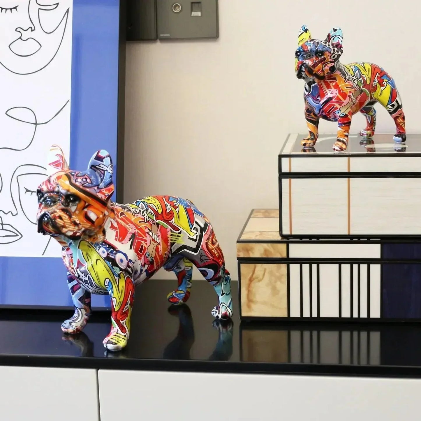 Graffiti French Bulldog Resin Figurine Modern Art Decorative Dog Statue