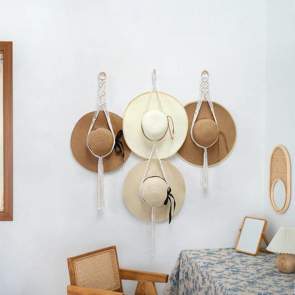 Handmade Linen Wall Hat Rack Boho Hanging Hat Organizer Decorative Wall Storage