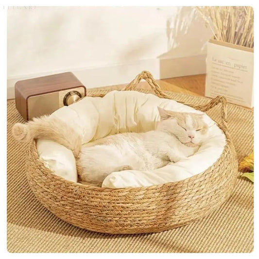 Handwoven Cat Basket Bed with Plush Cushion Comfortable Cozy Cat Sleeping Nest