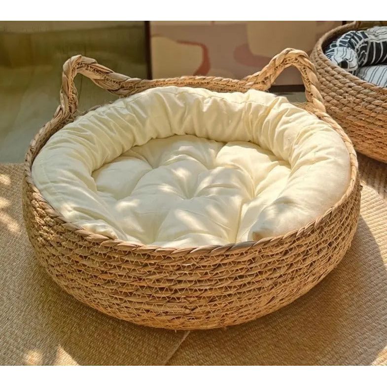 Handwoven Cat Basket With Plush Cushion For Comfortable Rest