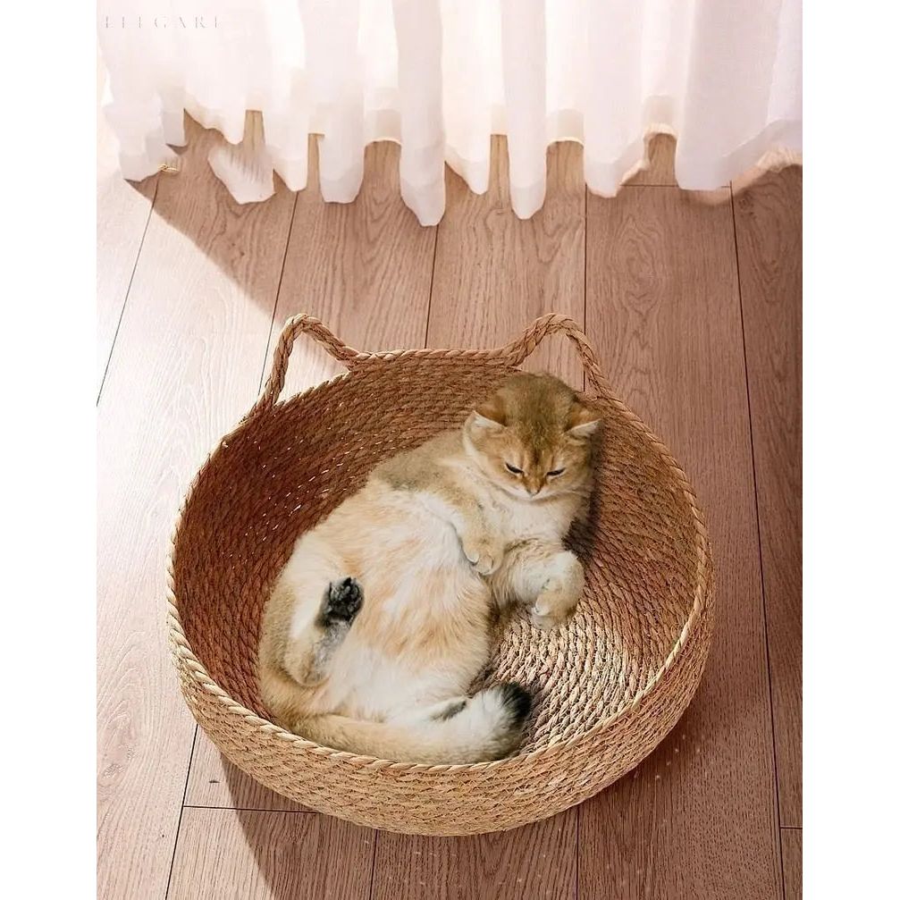 Handwoven Cat Basket With Plush Cushion For Comfortable Rest