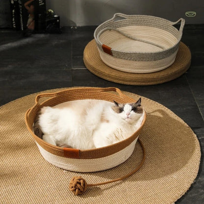 Handwoven Rope Cat Bed High Wall Cozy Indoor Cat Basket Washable Round Pet Nest