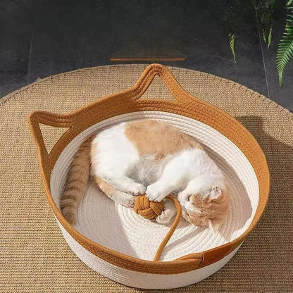 Handwoven Rope Cat Bed High Wall Cozy Indoor Cat Basket Washable Round Pet Nest