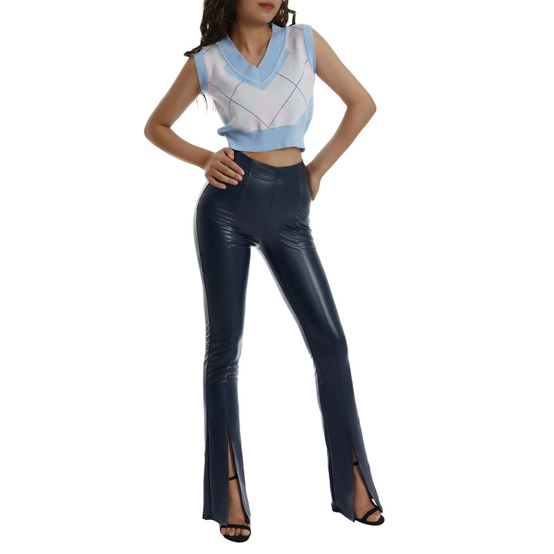 High Waist Slim Fit Flared Pants with Front Slit Detail