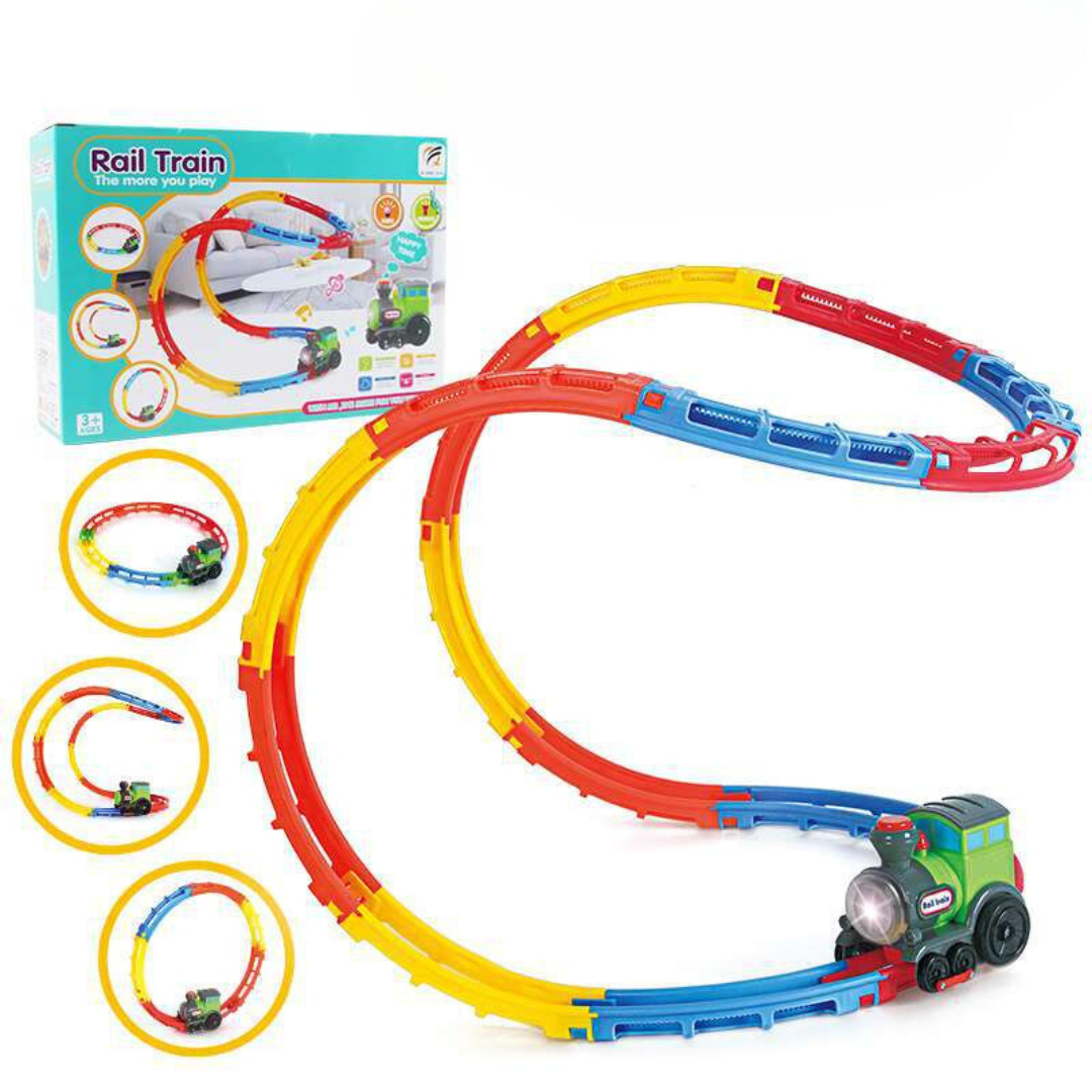 Interactive Toy Train Set with Lights Sounds and Flexible Track Building System