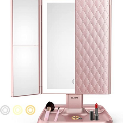 LED Makeup Mirror with Magnification Adjustable Light Storage Organizer