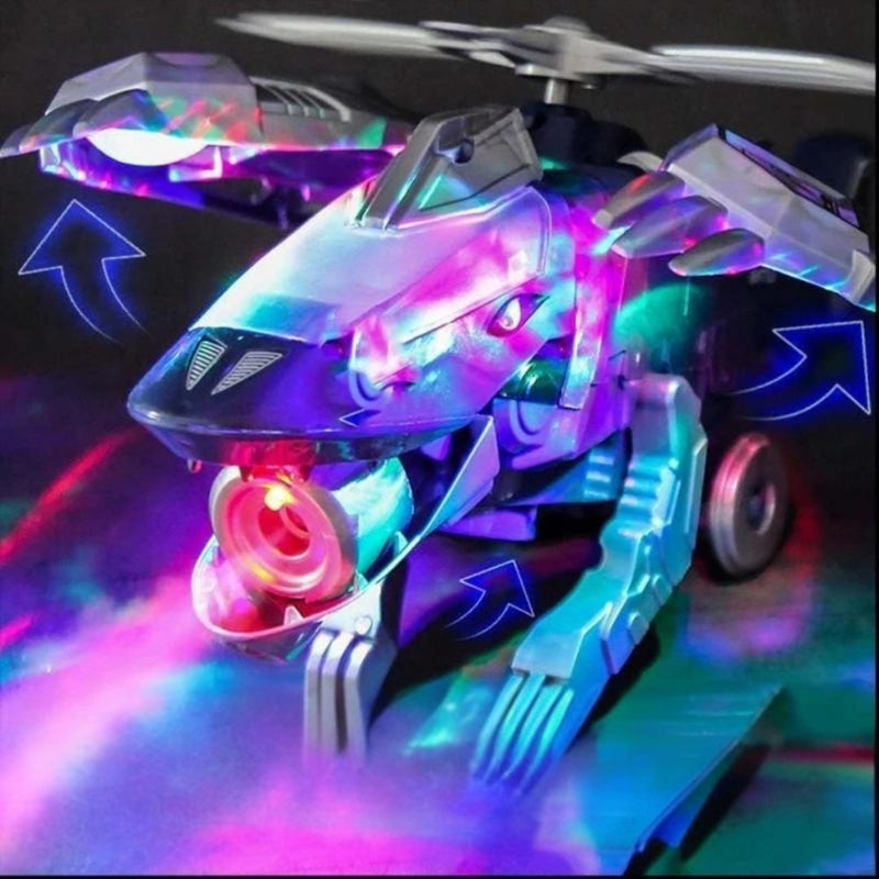 LED Transforming Dinosaur Helicopter Toy with Lights Music and Obstacle Avoidance