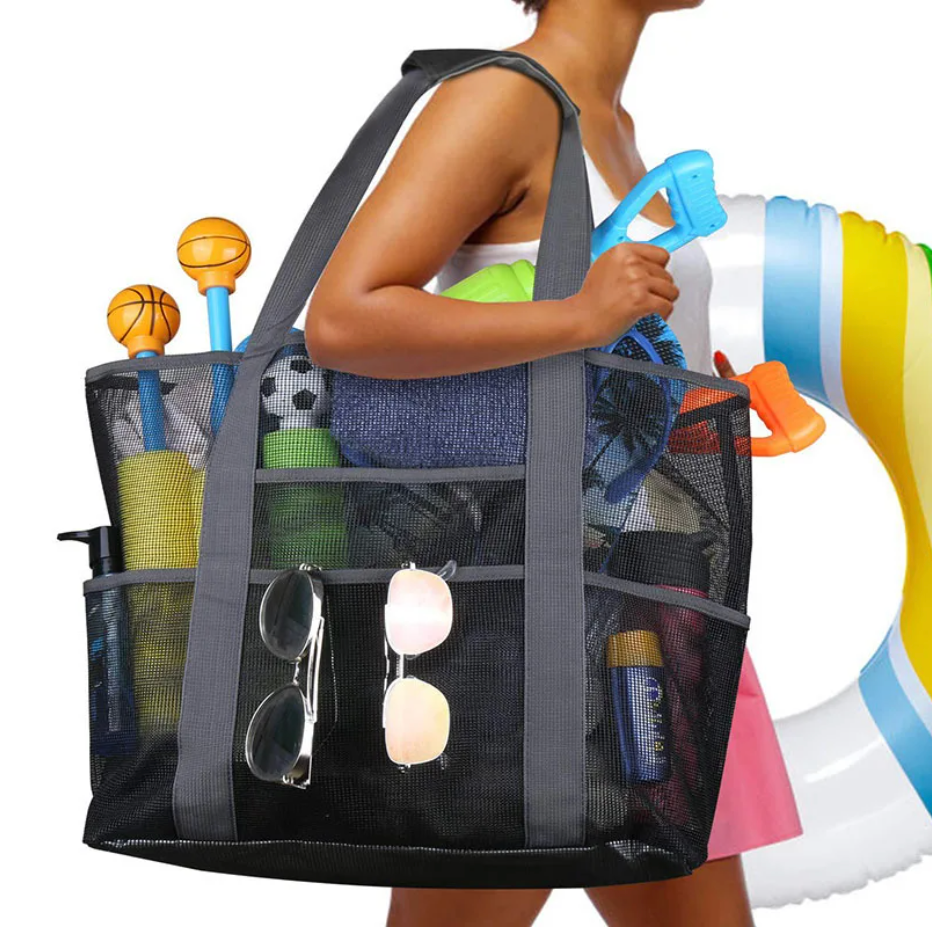 Large Beach Tote Bag 8 Pocket Mesh Beach Bag Towels Toys Swim Essentials