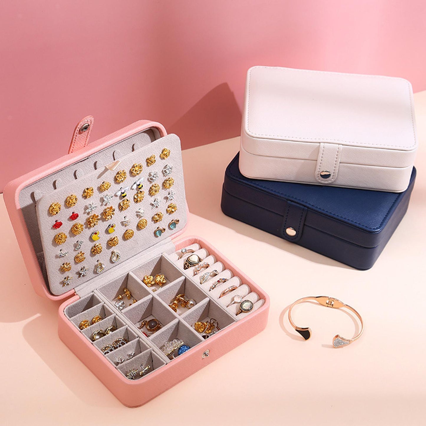 Leather Flip Lid Jewelry Storage Box Ring Earring Organizer