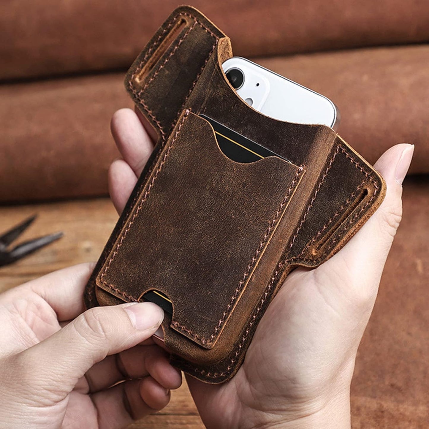 Leather Phone Belt Pouch Card Slot Protective Carry Case
