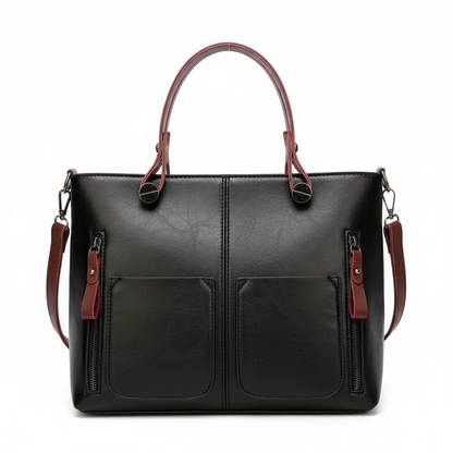 Black leather bag with brown trim