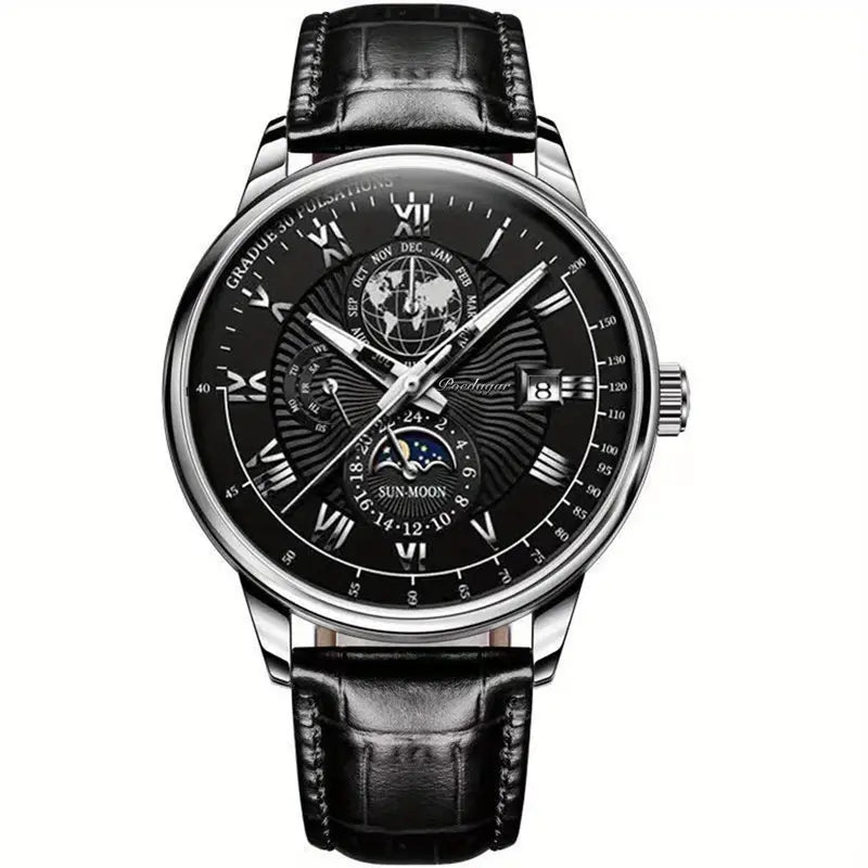 Luxury Waterproof Men’s Watch Round Dial Moon Phase Wrist Watch with Durable Strap