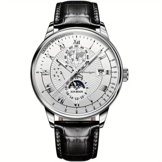 Luxury Waterproof Men’s Watch Round Dial Moon Phase Wrist Watch with Durable Strap