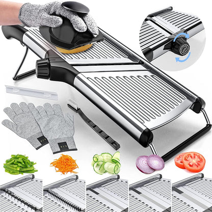 Mandoline Vegetable Slicer with Cut Resistant Gloves Stainless Steel Adjustable Food Cutter