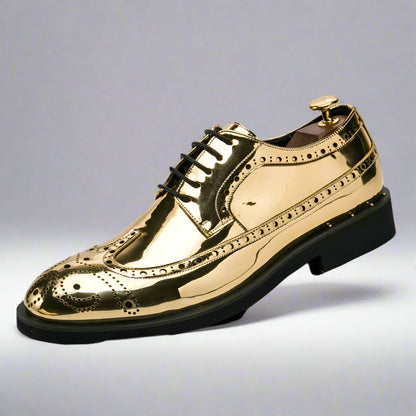 Men Metallic Brogue Lace Up Shoes High Shine Oxford Style Chunky Sole Dress Shoes