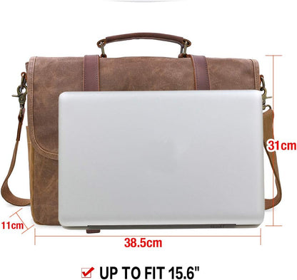 Men's Waterproof Canvas Shoulder Bag Laptop Briefcase Vintage Work Messenger 15.6 Inch Brown