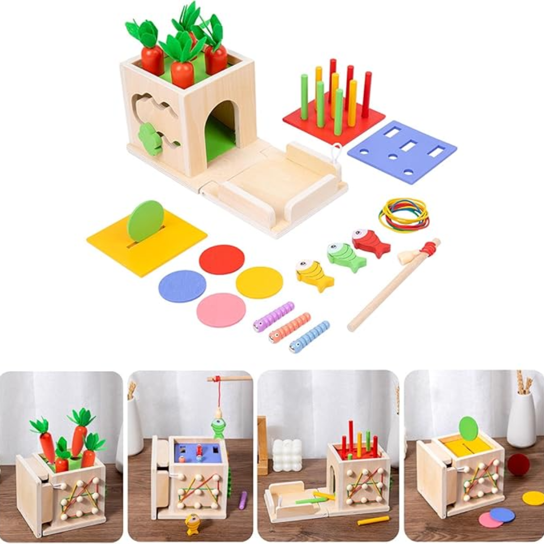 Montessori Toddler Activity Toy Set with Carrot Harvest Game Coin Box Ball Drop and Shape Sorter