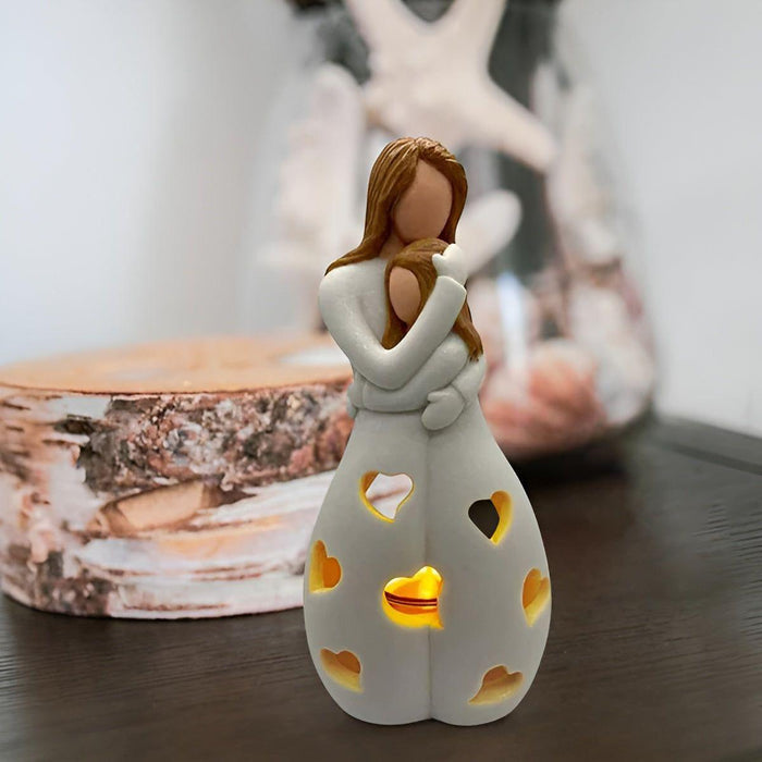 Mother Daughter Statue Candle Holder Decorative Family Love Sculpture with Flickering Candle Light