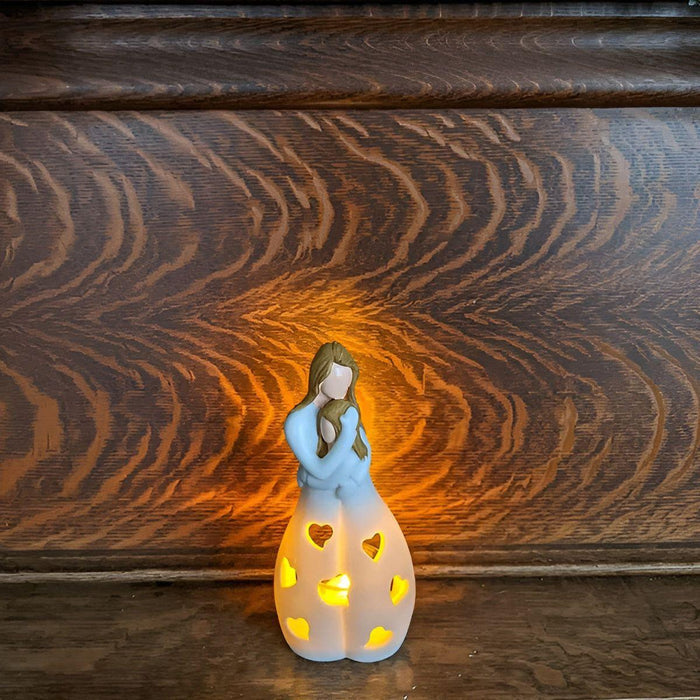 Mother Daughter Statue Candle Holder Decorative Family Love Sculpture with Flickering Candle Light