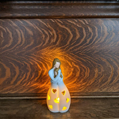 Mother Daughter Statue Candle Holder Decorative Family Love Sculpture with Flickering Candle Light