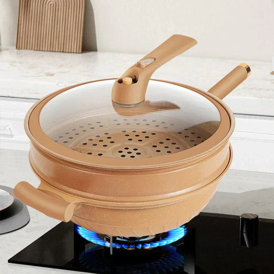 Nonstick Wok Pan with Steamer Basket Multifunction Wok Pan for Gas Induction Electric Stove