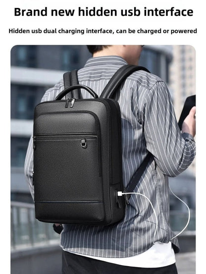 PU Leather Laptop Backpack USB Charging Travel Work Daily Carry 15.6 Inch Black