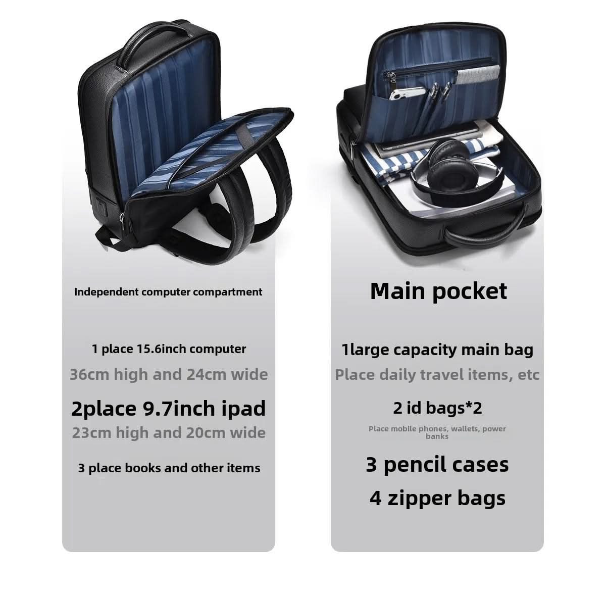 PU Leather Laptop Backpack USB Charging Travel Work Daily Carry 15.6 Inch Black