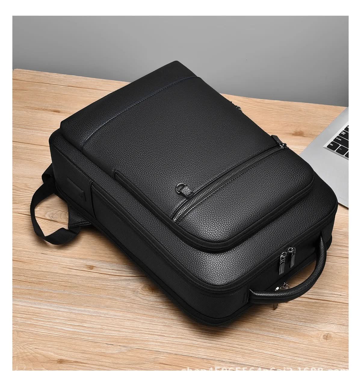 PU Leather Laptop Backpack USB Charging Travel Work Daily Carry 15.6 Inch Black