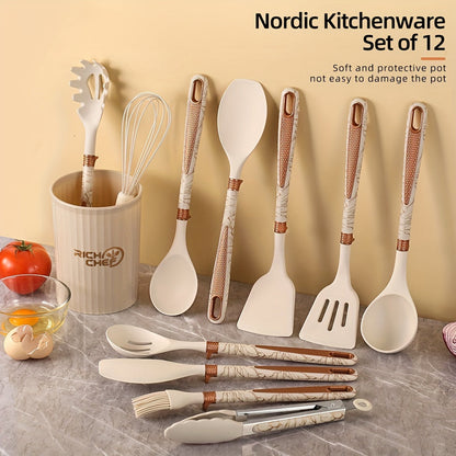 Premium Silicone Kitchen Utensil Set with Wooden Handles Non-Stick Heat Resistant