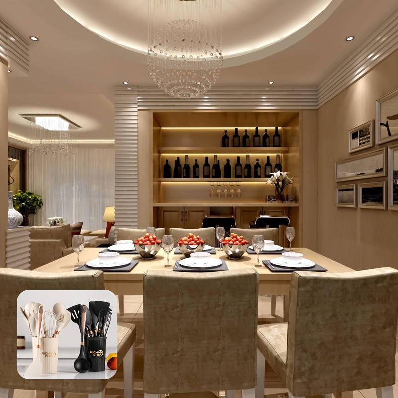 Premium Silicone Kitchen Utensil Set with Wooden Handles Non-Stick Heat Resistant