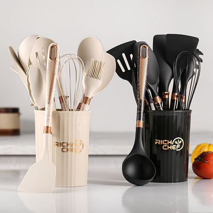 Premium Silicone Kitchen Utensil Set with Wooden Handles Non-Stick Heat Resistant
