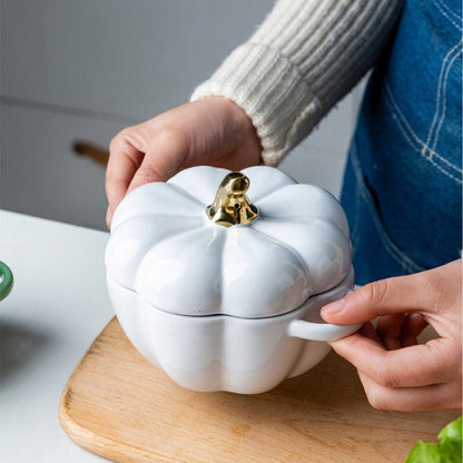 Pumpkin Shaped Ceramic Baking Dish With Lid Decorative Oven Safe Casserole