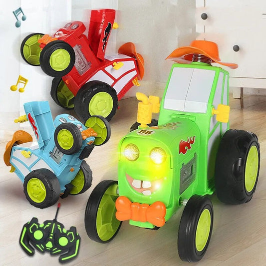 Remote Control Jumping Stunt Tractor Car with Lights Music and 360 Degree Spin Action