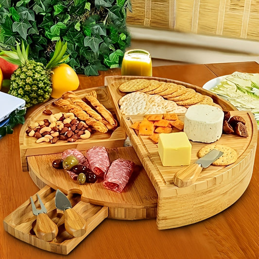 Rotating Charcuterie Bamboo Cheese Board Platter Serving Set With Knives
