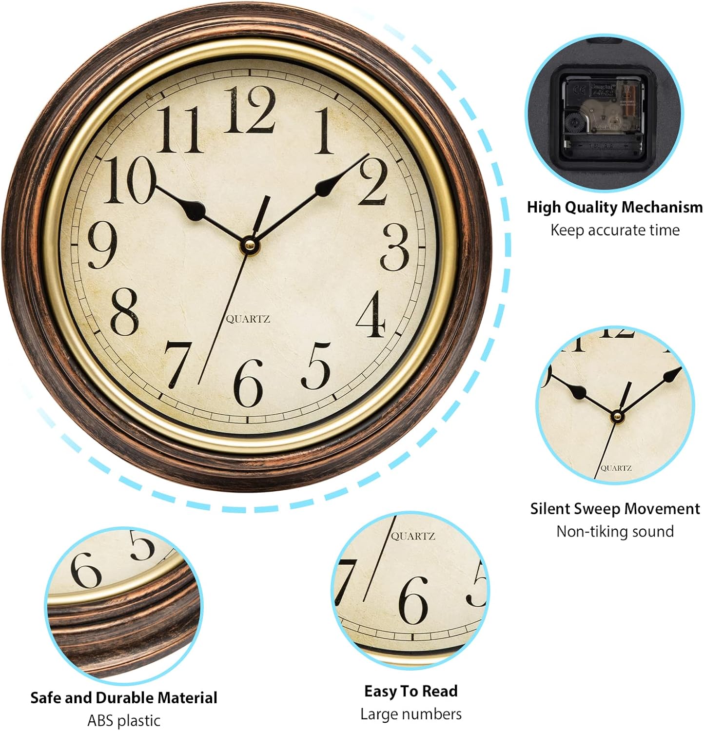 Silent Wall Clock Classic Round Frame Clear Dial Display