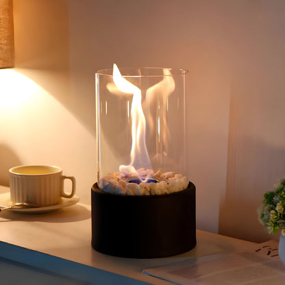 Tabletop Ethanol Fireplace Black Metal Base Glass Cylinder