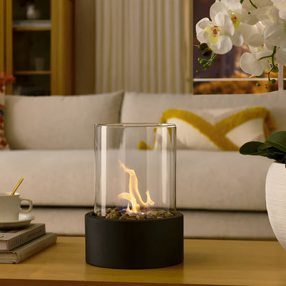Tabletop Ethanol Fireplace Black Metal Base Glass Cylinder