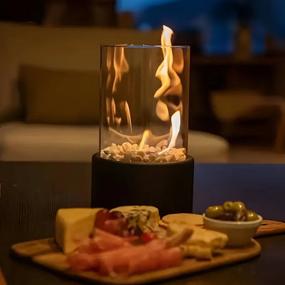 Tabletop Ethanol Fireplace Black Metal Base Glass Cylinder