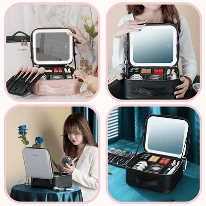 Travel Makeup Bag LED Mirror Waterproof Organizer Case