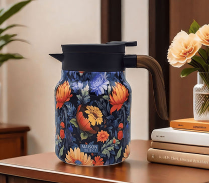 Vintage Floral Tea Thermos Flask Insulated Tea Carafe with One Hand Pour