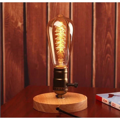 Vintage-Inspired Wood Base Table Lamp Warm Light Bedroom Desk Lighting