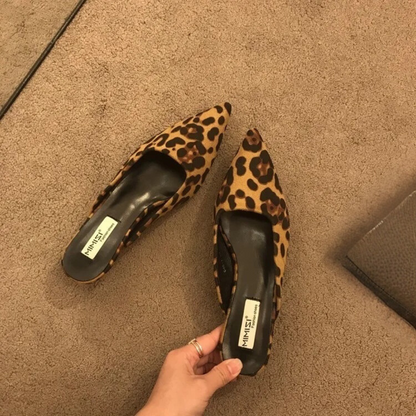 Women Leopard Print Pointed Toe Mules Low Heel Slip On Shoes